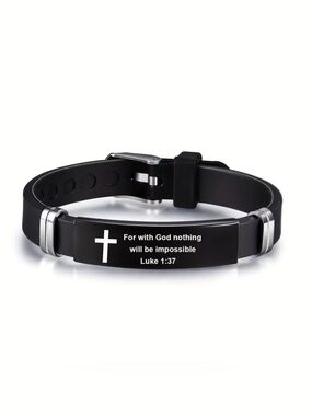 Men’s Bracelet with Adjustable Black Strap, Featuring Scripture from Luke 1:37